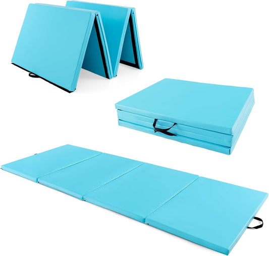 4'X10'X 2" Gymnastics Mat, 4-Panel Folding Aerobics Exercise Mat W/Hook & Loop Fastener, Carrying Handle, Portable Tumbling Mat for Stretching Yoga Cheerleading Martial Arts